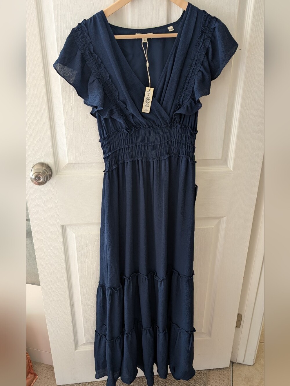 Max Studio Navy Blue V-Neck Ruffle Sleeve Maxi Dress